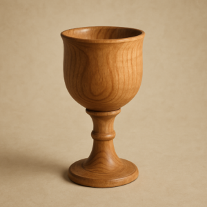 Coppa medievale in legno tornito a mano, stile XIV–XV secolo, vista frontale su sfondo neutro.